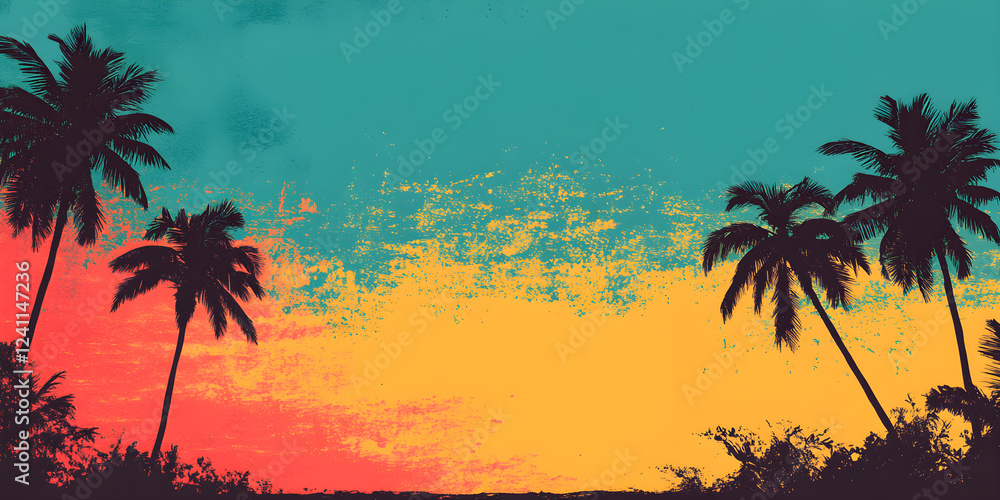 Poster grunge background with colors in reggae style in an evening feel, complete with coconut tree silhoue