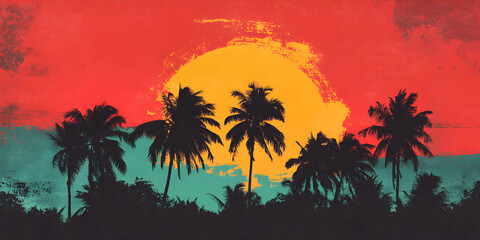 Obraz premium Colorful grunge background in reggae style with an evening feel with silhouettes of coconut trees.