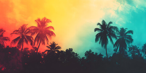 Naklejka premium Colorful grunge background in reggae style with an evening feel with silhouettes of coconut trees.