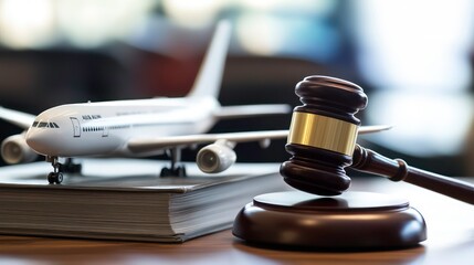 A model airplane next to a gavel and law books, symbolizing aviation law and legal matters in the aviation industry.