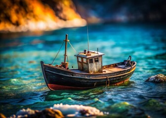 Obraz premium Miniature Black Boat on Ocean Waves, Tilt-Shift Seascape