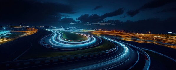 Formula One winding racetrack at night, capturing speed and spectacle of high-performance motorsport.