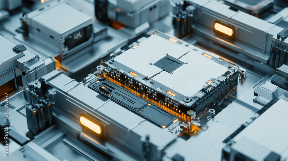 Poster high tech circuit board with glowing components and intricate design, showcasing advanced technology