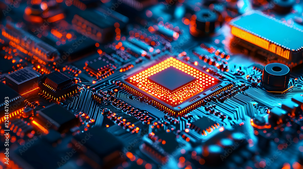 Poster close-up view of a glowing microprocessor on a circuit board with intricate details