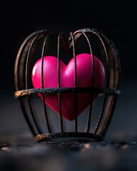 A vibrant pink heart inside a metal cage, symbolizing love and freedom.