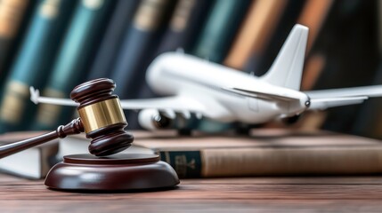 A model airplane next to a gavel and law books, symbolizing aviation law and legal matters in the aviation industry.