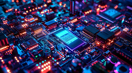 Vibrant close-up of a futuristic circuit board with glowing components and lights