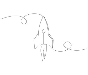 Continuous one line drawing of spacecraft. Single line drawing illustration of Rocket space ship. Rocket concept vector art. Doodle line illustration.
