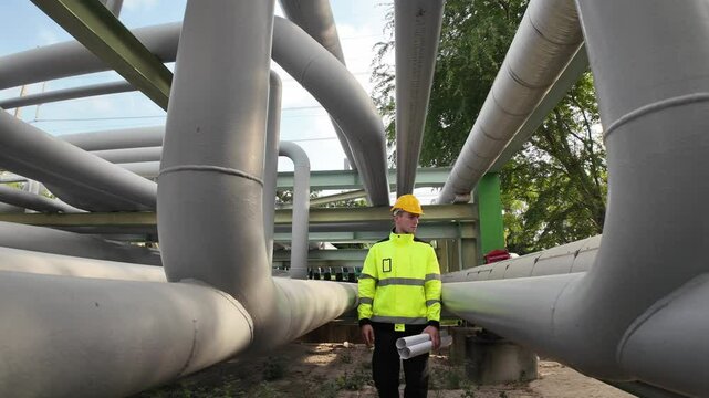 Industrial Pipeline Inspection: A worker in a high-visibility jacket and hard hat inspects a complex network of industrial pipelines, highlighting infrastructure and industry.