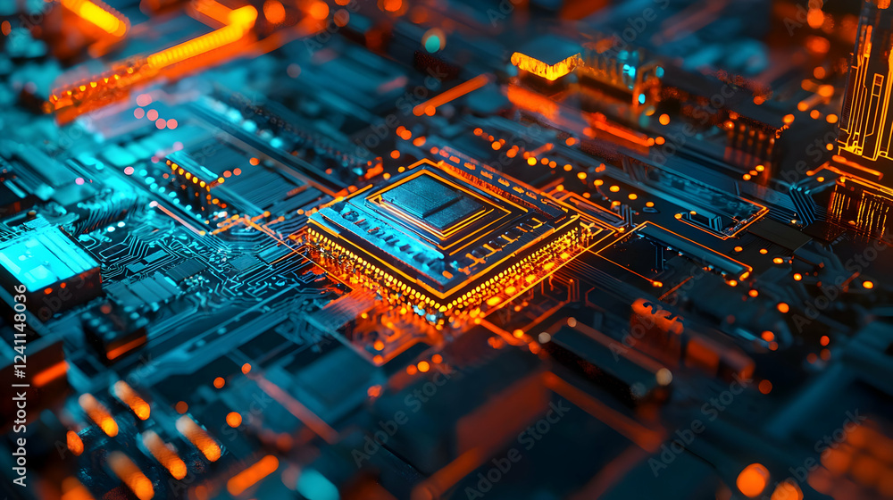 Poster close-up view of a futuristic microchip on a circuit board with glowing elements