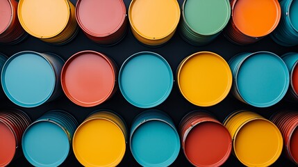 Detailed shot of stacked fertilizer drums with sharp contrasts, capturing the organized chaos and robust materials in a chemical warehouse