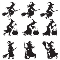 set of vector witches silhouette	