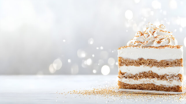 Elegant slice of dessert cake with whipped cream, perfect for event catering brochures and party flyers. Selective focus