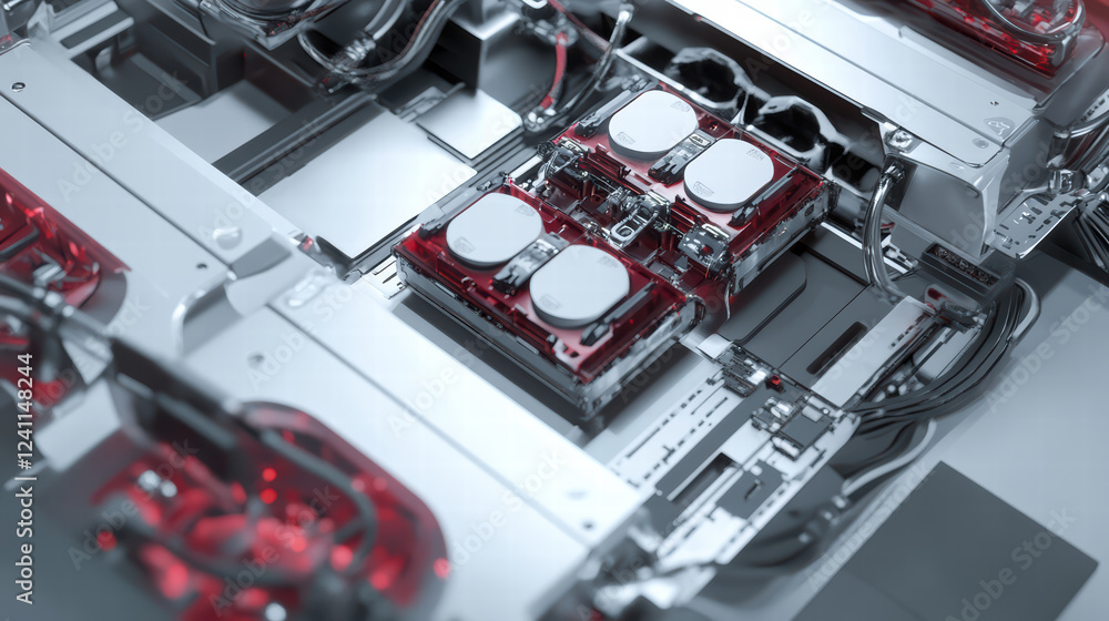 Poster robot assembly line in action with electric car battery cells, showcasing advanced technology and pr
