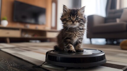 Cat playfully explores a robot vacuum in a cozy living room during the afternoon