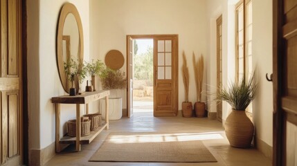 A spacious entryway of a minimalist house, featuring a simple console table, a large mirror, and minimal decor, creating an inviting and open first impression.