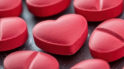 Heart failure treatment care concept. A close-up of red heart-shaped pills, symbolizing love and health, arranged among regular round tablets.