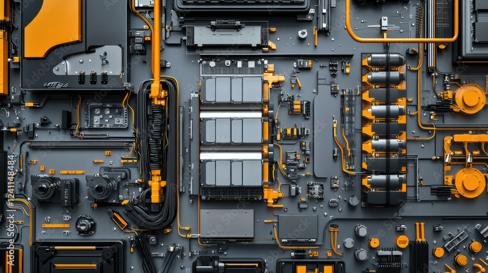Poster high tech circuit board with electric components and battery cells, showcasing intricate design and 