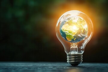 illuminated light bulb containing a vivid earth inside, symbolizing sustainability and innovation,...