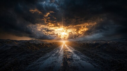 Journey through a haunting landscape at dawn dramatic scene nature dark clouds inspirational concept