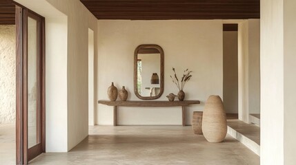 A spacious entryway of a minimalist house, featuring a simple console table, a large mirror, and minimal decor, creating an inviting and open first impression.
