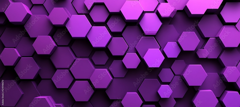 Poster a sleek purple background featuring an arrangement of hexagons in different sizes, providing a bold 