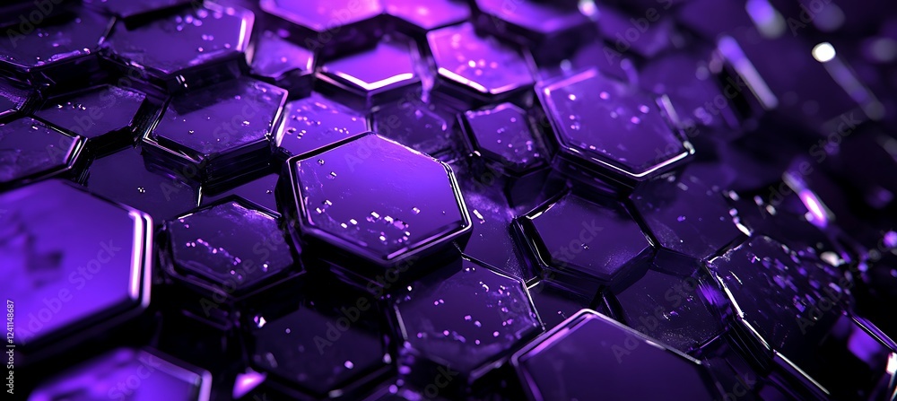 Poster a sleek purple background featuring an arrangement of hexagons in different sizes, providing a bold 