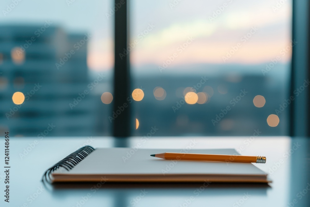 Poster remote work destinations concept. a simple notebook with a pencil rests on a table, overlooking a ci
