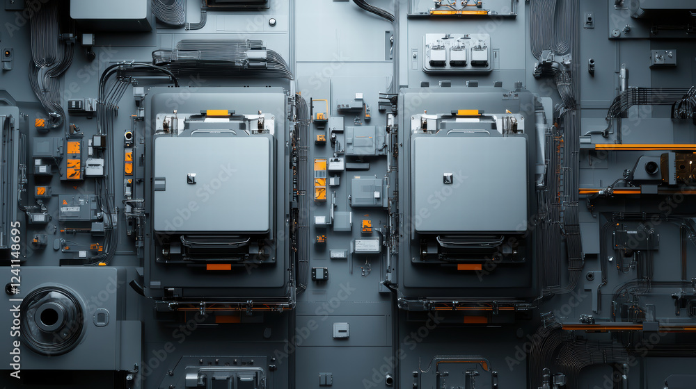 Poster high tech machinery featuring two large components with intricate wiring and connections, showcasing