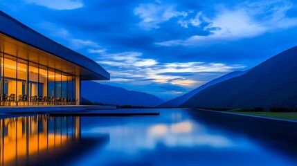 Obraz premium Serene evening landscape showcasing a modern building reflecting on a tranquil lake at twilight