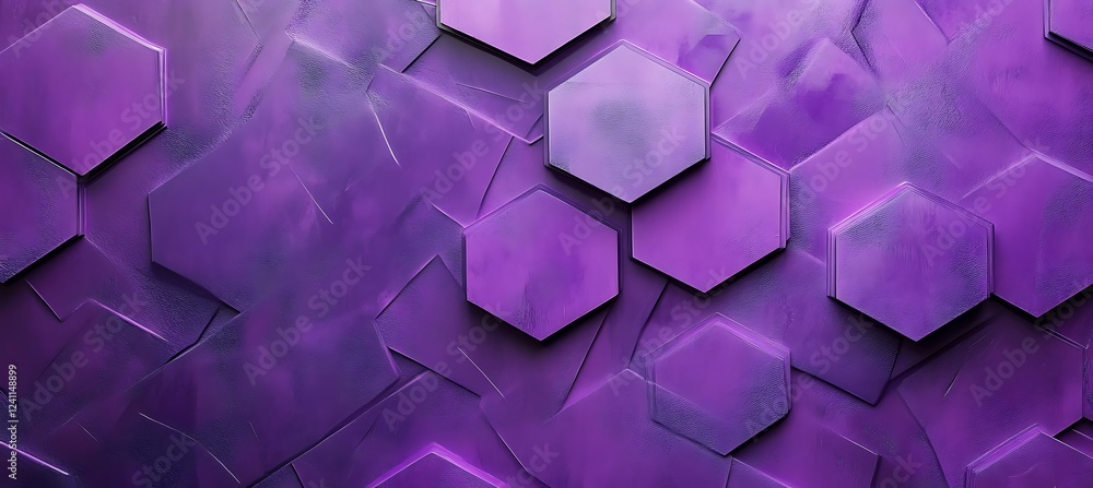Poster a sleek purple background featuring an arrangement of hexagons in different sizes, providing a bold 