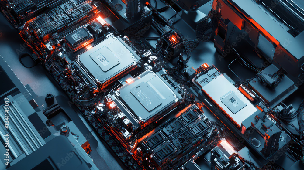 Poster robot assembly line showcasing electric car battery cells with intricate circuitry and glowing compo