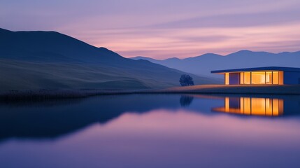 Fototapeta premium Serene modern house reflecting on a calm lake at dusk, surrounded by rolling hills and soft color