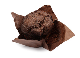 Chocolate muffin in an unfolded paper cup