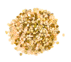 Dry lentils seeds or vegan protein source top view isolated on white background