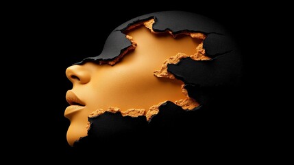 Fractured Identity: A surreal profile of a face, partially obscured by dark, fractured elements, suggesting vulnerability, mystery and inner turmoil.