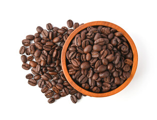 Roasted coffee bean in wooden bowl isolated on white background. Top view