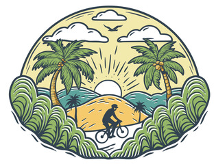 Cyclist enjoying a scenic ride along a tropical beach road at sunset, surrounded by lush vegetation, palm trees, and the ocean, promoting sport, tourism, and the beauty of exotic destinations
