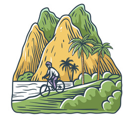 Tropical landscape with cyclist riding a bicycle near the beach, enjoying the view of mountains and palm trees, promoting sustainable tourism and outdoor activities
