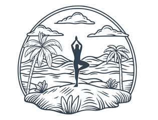 Monochrome vector illustration representing a woman practicing yoga in a tropical paradise with ocean waves, palm trees, and a serene landscape, promoting wellness and travel
