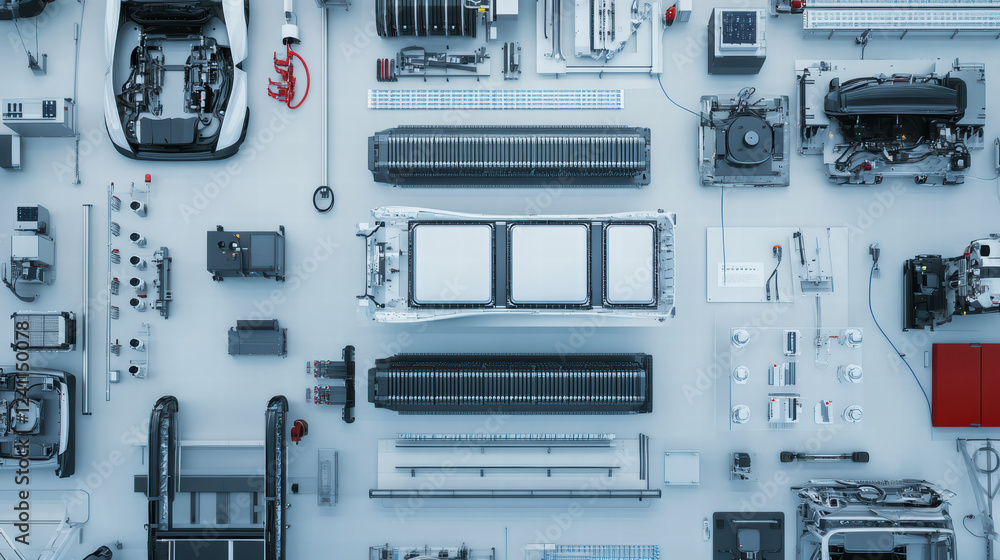 Poster aerial view of electric car battery assembly line with various components and tools arranged neatly.