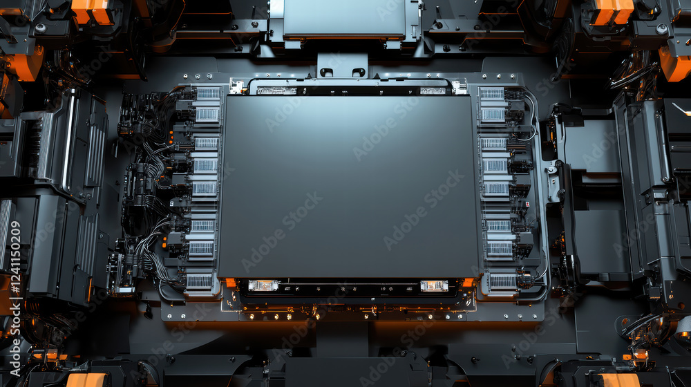 Poster high tech robot assembly line featuring electric car battery cell, showcasing intricate components a