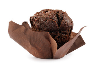 Chocolate muffin in brown paper cup isolated on white background.