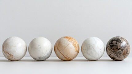 Five marble spheres on white background, interior design