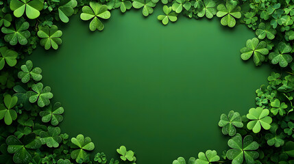Fototapeta premium St. Patrick's Day abstract green background decorated with shamrock leaves. Patrick Day pub party celebrating. Abstract Beer art design magic backdrop. Widescreen clovers on black with copy space 