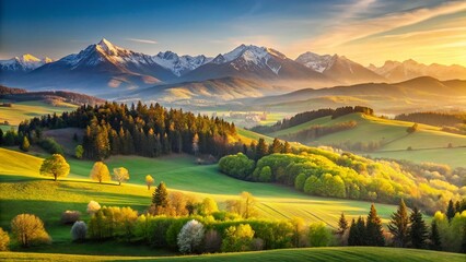 Minimalist Panoramic Springtime Slovakian Mountains: Breathtaking Scenic Vista