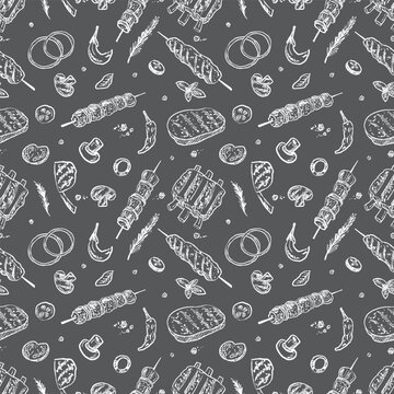 Seamless pattern with shawarma, doner kebab, bbq steak, ribs with fresh vegetables in chalk texture on black. Hand drawn vector sketch illustration in vintage charcoal ink style. Wrapping paper