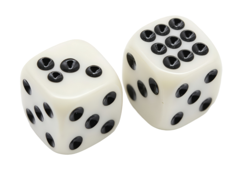 Isolated Pair of White Dice with Black Dots Showing Five