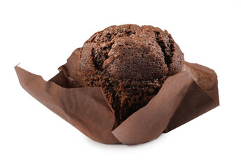 Chocolate muffin in brown paper cup isolated on white background.