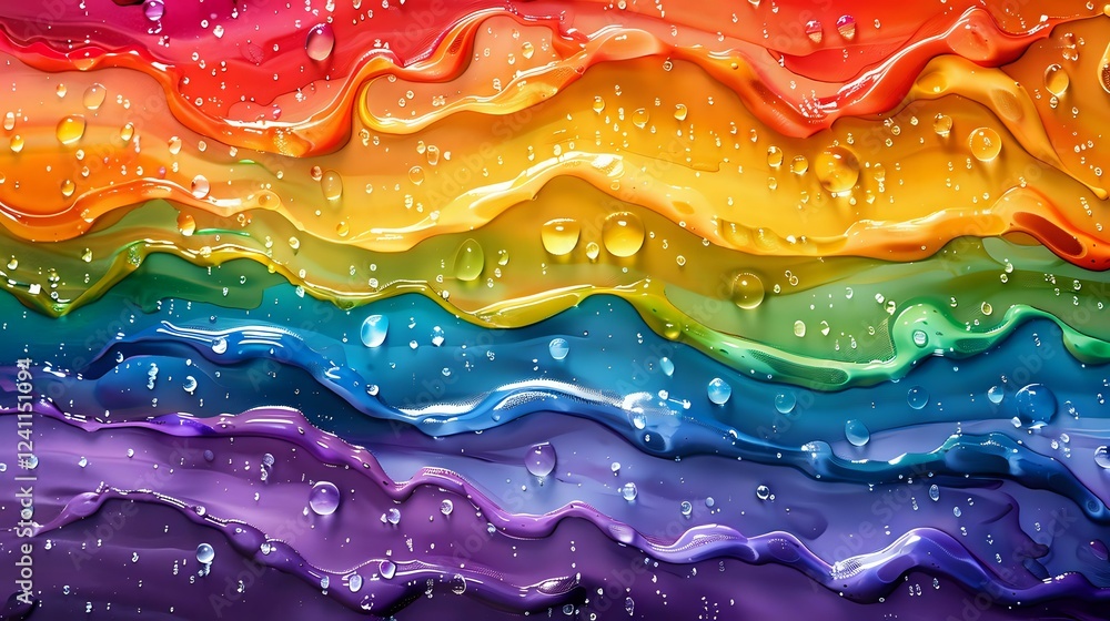 Poster vibrant rainbow colored waves with water drops creating dynamic flowing pattern. abstract multicolor